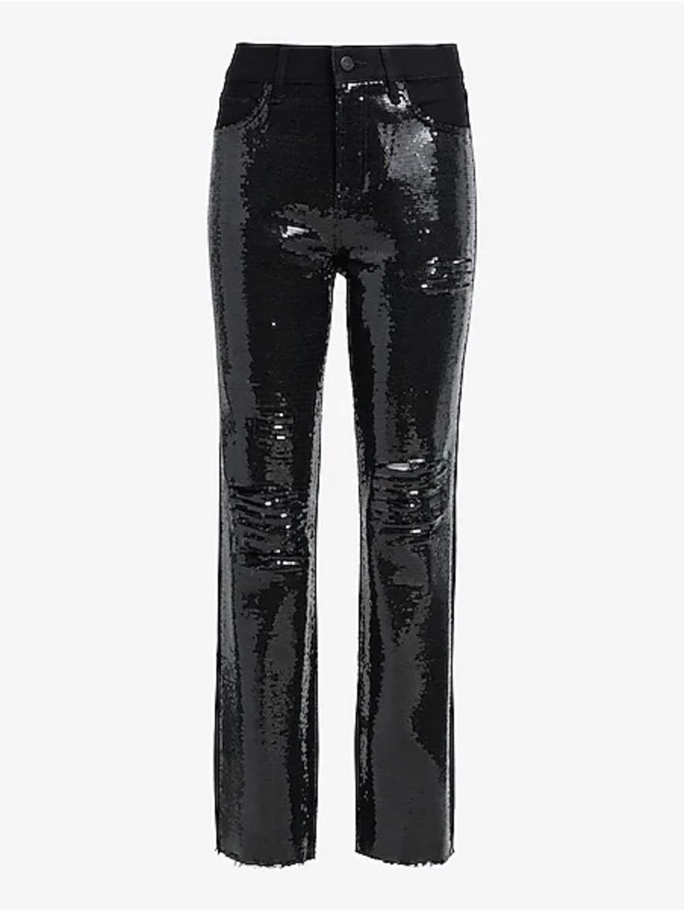 NWT Express High Waisted Sequin Front Ripped Raw Hem Ankle Jeans- Black